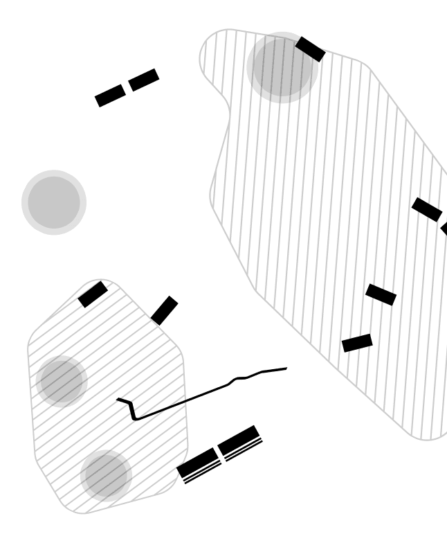 Abstract black shapes and lines on a transparent background evoke the dynamic energy of paintball, featuring two large striped polygons, three solid black circles, and multiple short, thick dashed lines arranged in an irregular pattern.