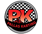 Logo for Pallas Karting designed for a site header features large red PK letters over a black and white checkered background, with PALLAS KARTING in red on a black banner and a small go-kart graphic.